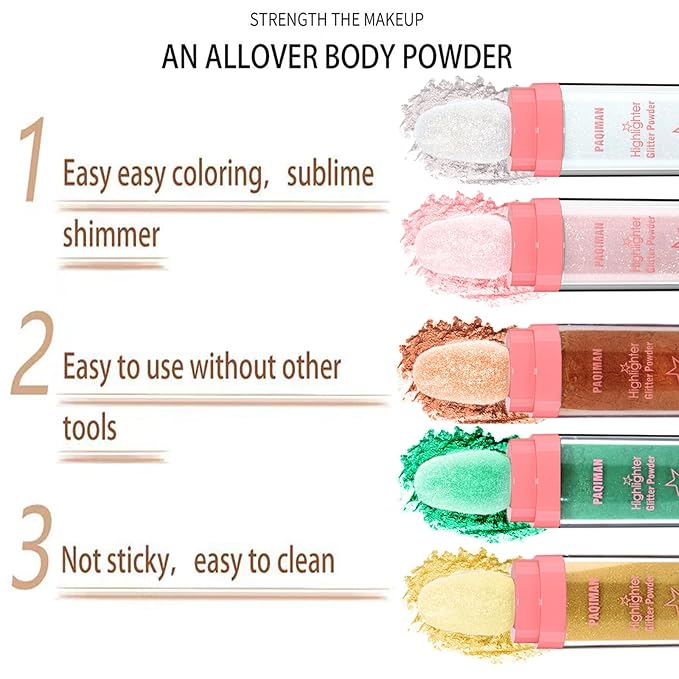 3 Colors Glitter Powder Highlighter Makeup, Body Brightens the Natural Three-Dimensional Face Blusher Fairy Highlight Patting Powder. (01#White Moonbeam/04# Green/05# Gold)-FemmiqueWomen