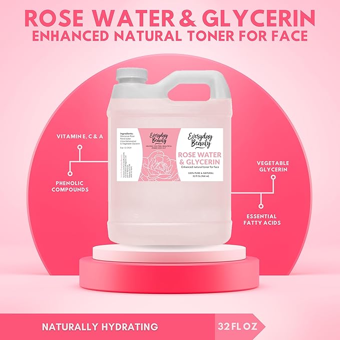 Rose Water & Glycerin Enhanced Facial Toner - 32oz Bulk Alcohol-Free Vegan All Natural Refreshing for Face and Hair - Uplifts, Calming & Soothing for All Skin Types…-FemmiqueWomen