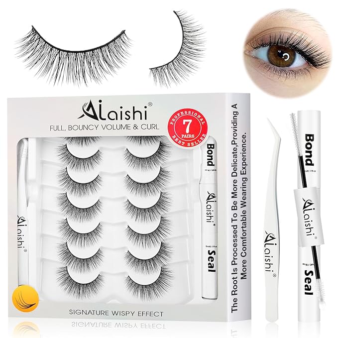 Wispy False Eyelashes Kit With Bond, Seal and Tweezer, 7 Pairs Natural Look Fake Cat Eye Lashes Strips Thin Band Extensions Waterproof Easy Eyelashes for Beginners RQ46-FemmiqueWomen