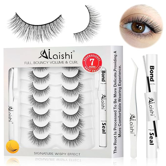 Wispy False Eyelashes Kit With Bond, Seal and Tweezer, 7 Pairs Natural Look Fake Cat Eye Lashes Strips Thin Band Extensions Waterproof Easy Eyelashes for Beginners RQ46-FemmiqueWomen