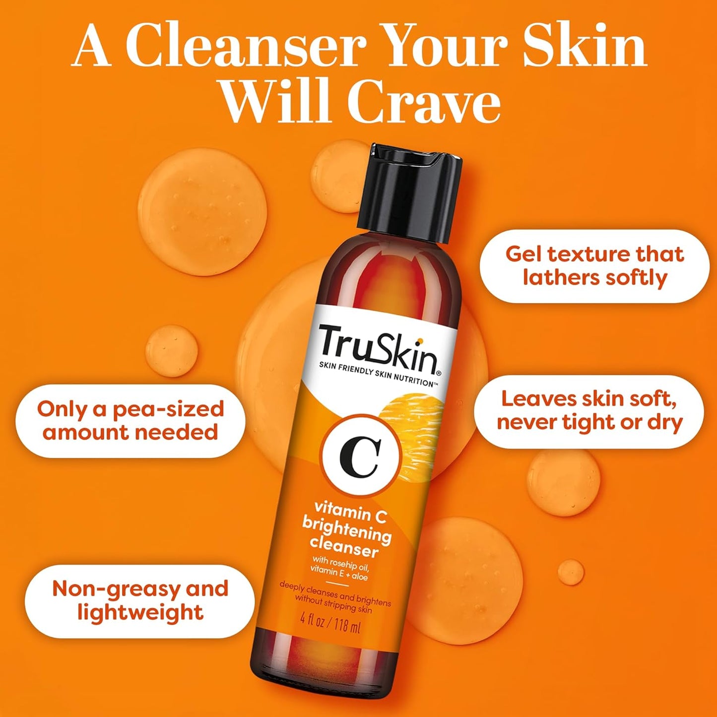 TruSkin Vitamin C Cleanser for Face - Brightening Face Wash with Vitamins C & E, Rosehip Oil, Aloe Vera and MSM - Deep Clean and Refresh for Radiant, Healthy-Looking Skin, 4 fl oz-FemmiqueWomen
