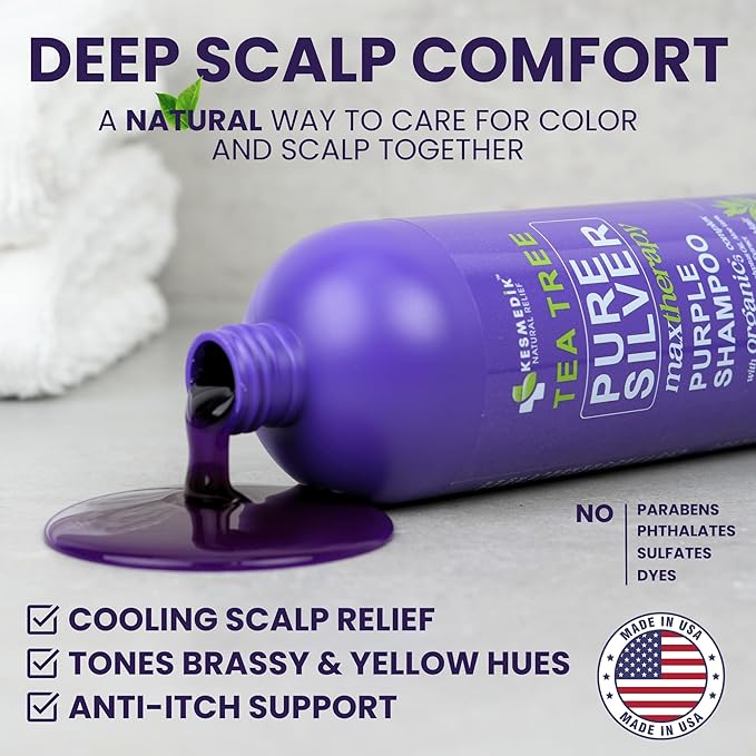 Tea Tree Purple Shampoo for Blonde, Bleached, Silver & Grey Hair, Anti-Brass Toner, Boosts Highlights & Color, Revitalizes, Relieves Itchy Scalp & Salon-Grade Hair Toner Shampoo.-FemmiqueWomen