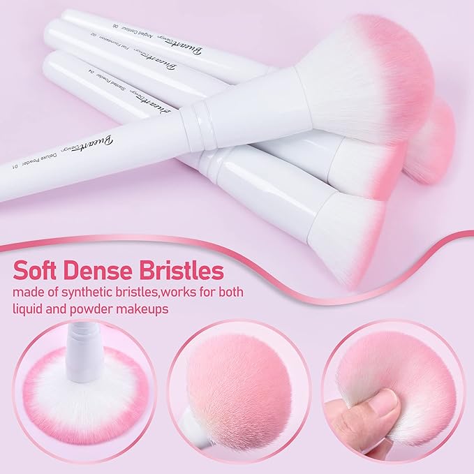 Bueart Design 16Pcs ULTRA SOFT labeled Makeup Brushes set with brush Holder face brush for Foundation Powder Blending Blush wooden Handle(16Pcs White+Pink Holder)-FemmiqueWomen