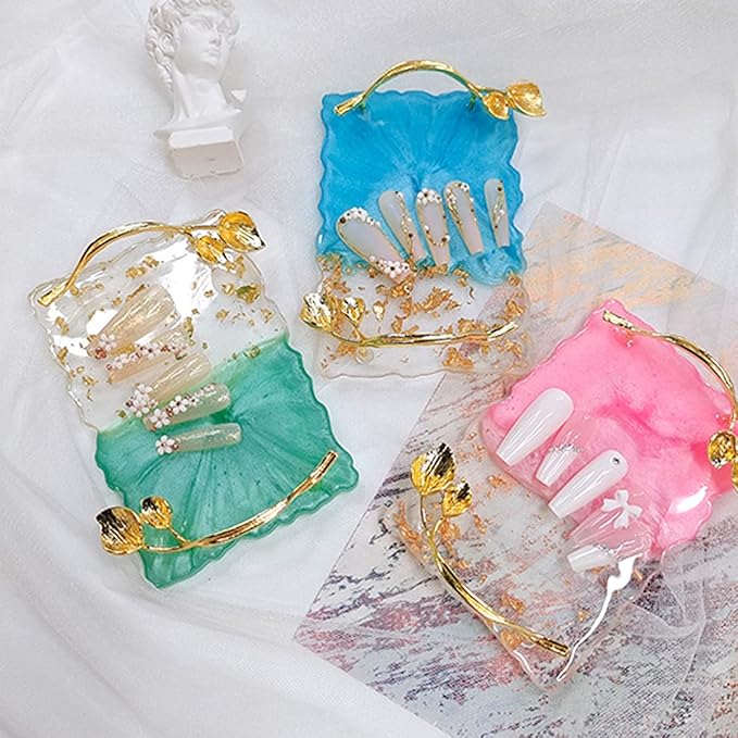 2023 Retro Nail Art Palette, Nail Painting Mixed Color Palette with Leaves Handle, Nail Holder Gel Color Makeup Display Board Pallet (Blue)-FemmiqueWomen