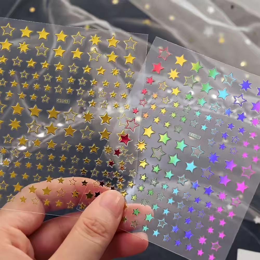 12 Sheets Stars Nails Stickers 3D Self Adhesive Nail Decals Stars Nail Design Shiny Starlight DIY Transfer Decal Colorful Star Nail Tip Sticker Pentagram Glitter Manicure Decoration-FemmiqueWomen
