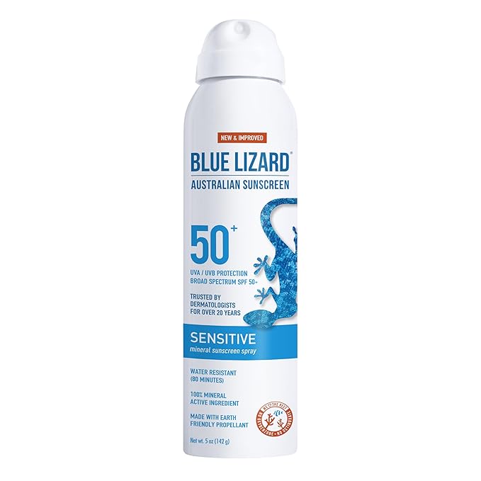 Blue Lizard Sensitive Mineral Sunscreen Spray SPF 50+, Dermatologist-Recommended Brand, Broad-Spectrum UVA/UVB Protection, Water-Resistant, Zinc Oxide Formula, 5 fl oz (Pack of 2)-FemmiqueWomen
