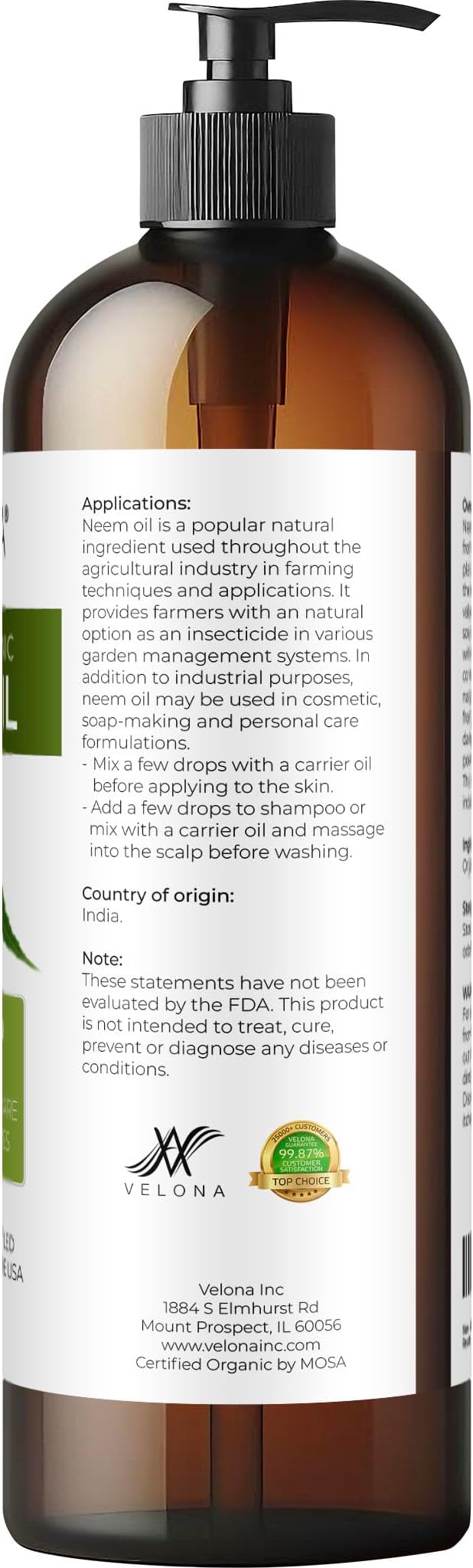 velona Neem Oil USDA Certified Organic - 16 Fl Oz | 100% Pure and Natural Carrier Oil | Virgin, Unrefined, Cold Pressed | Hair, Body and Skin Care | Use Today - Enjoy Results-FemmiqueWomen