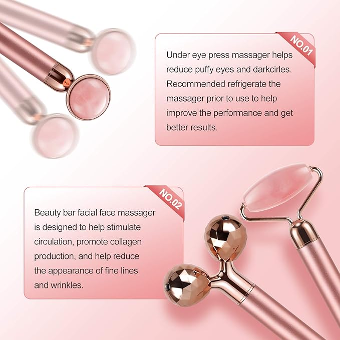 3-IN-1 Electric Jade Roller 3D Roller Facial Roller & Face Massager, Rose Quartz-FemmiqueWomen