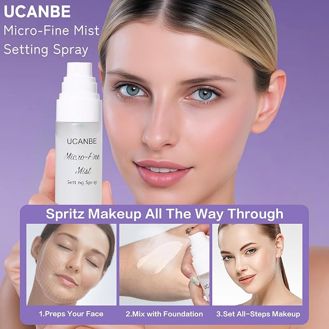UCANBE Dewy Setting Spray for Makeup, Long Lasting Hydrating Make Up Finishing Spray for Face, Micro-Fine Mist Fixing Spray for Dewy Glow Finish, Lightweight & Waterproof for up to 16 Hours Wear-FemmiqueWomen