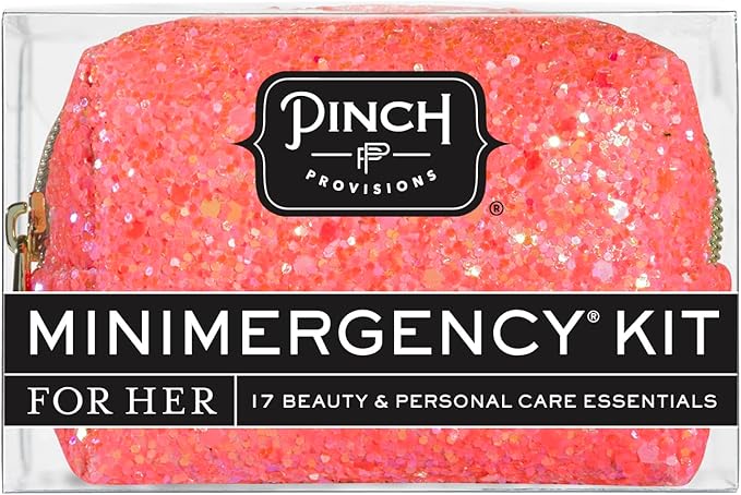 Pinch Provisions Coral Glitter Minimergency Kit, includes 17 Travel-Sized Cosmetic Essentials, Convenient for Purses, Emergency Beauty Accessories, Gifts for Holiday’s & Birthday’s-FemmiqueWomen