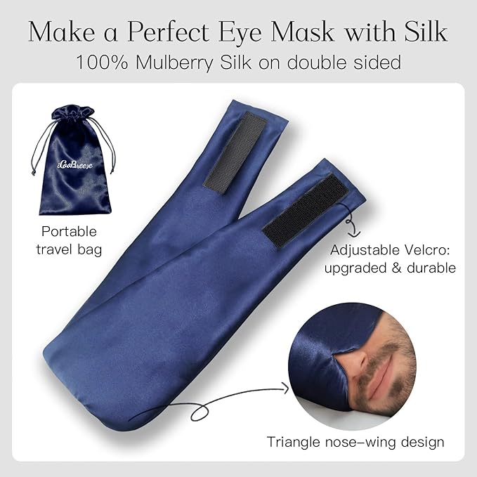 100% Natural Silk Eye Mask for Women Men, Soft Pressureless Cooling Blackout Eye Covers for Sleeping, Large Size Sleep Mask fits All Heads Adjustable, 1PC, Navy Blue-FemmiqueWomen