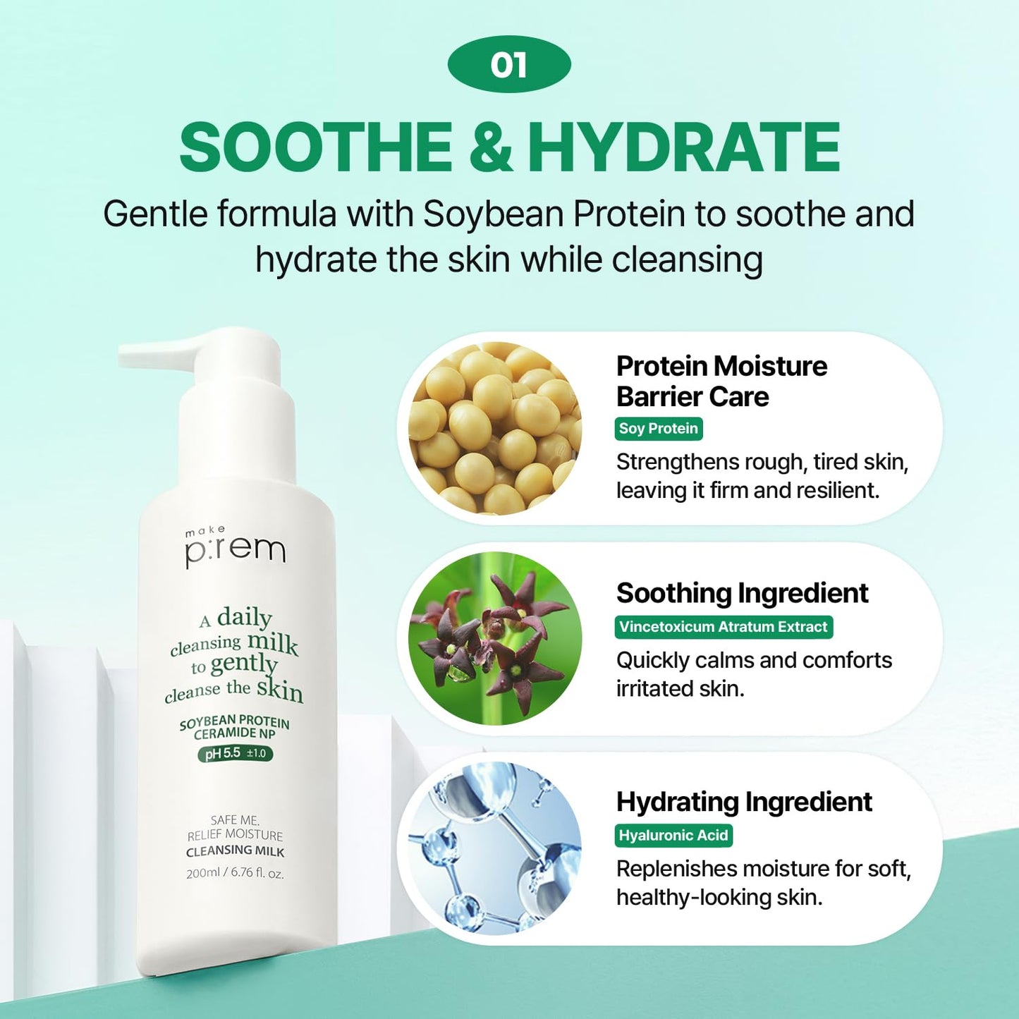 MAKE P:REM Safe Me. Relief Moisture Cleansing Milk, Hydrating Gentle Face Wash for Sensitive Skin with Soy Protein, Korean Milky Cleanser, Korean Skin Care, 6.76 Fl.Oz, 200ml-FemmiqueWomen