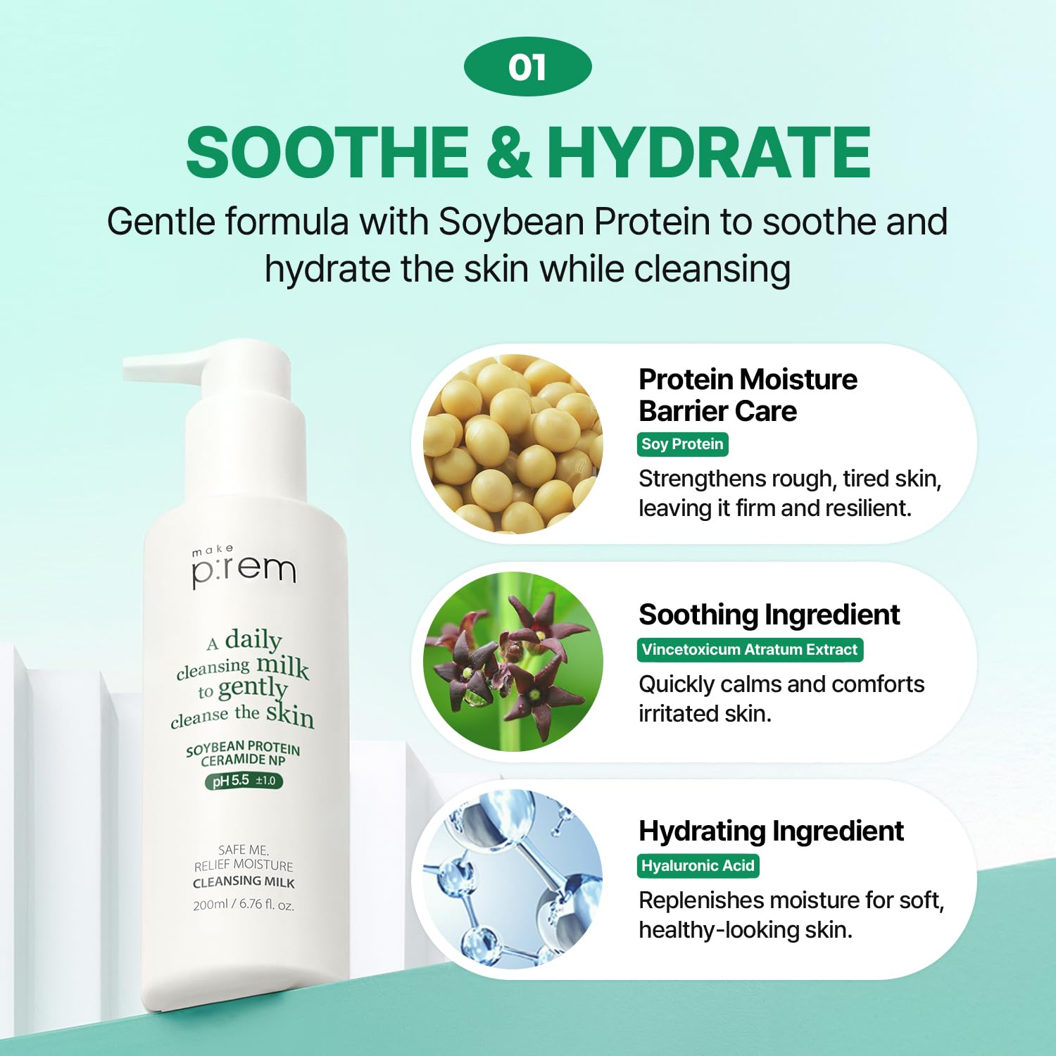 MAKE P:REM Safe Me. Relief Moisture Cleansing Milk, Hydrating Gentle Face Wash for Sensitive Skin with Soy Protein, Korean Milky Cleanser, Korean Skin Care, 6.76 Fl.Oz, 200ml-FemmiqueWomen