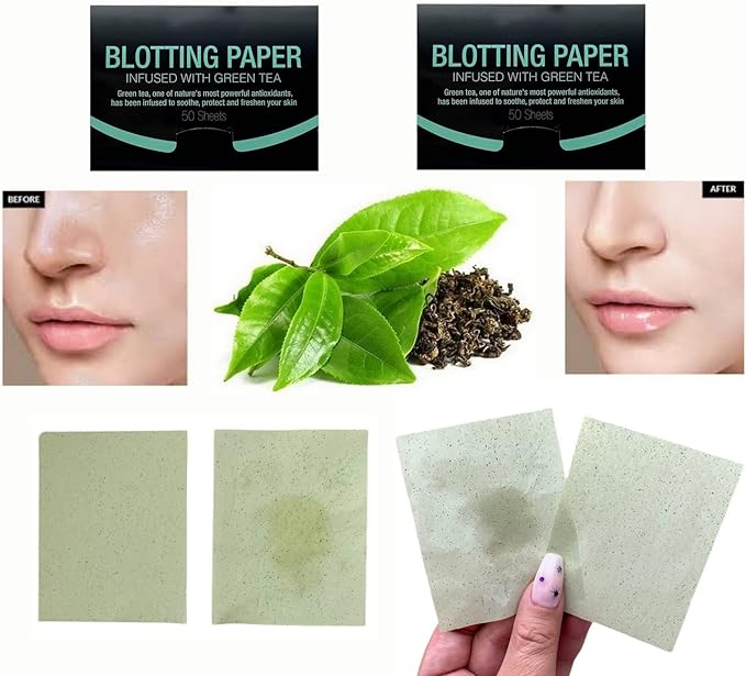 2 Pks GREEN TEA INFUSED Soothing Natural Abaca Blotting Paper - 100 Oil Blotting Sheets - Makeup Friendly UNISEX Oily Skin Shine Blotter Photography Zoom Meetings Travel Gym School - MADE IN TAIWAN-FemmiqueWomen