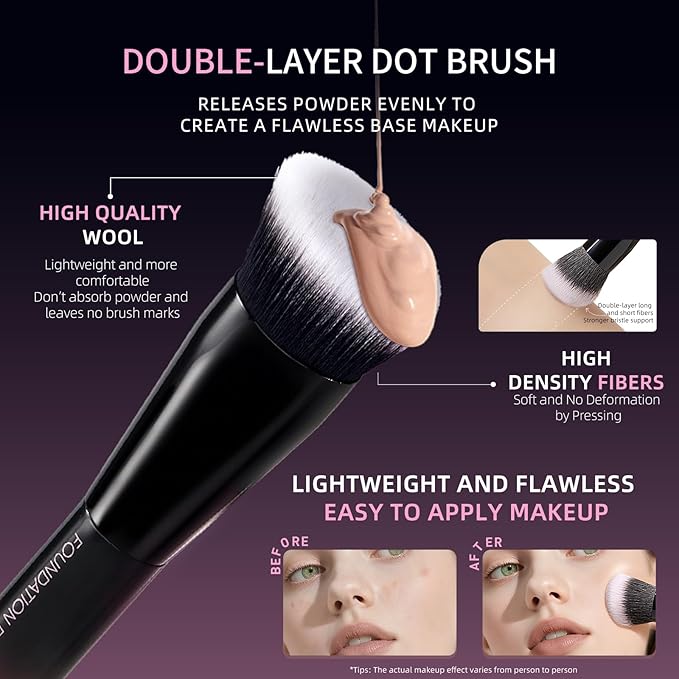 Makeup Brush Set, Flat Top Kabuki Brush Premium Foundation Brush for Liquid, Cream, and Powder with 2 Makeup Sponge for Foundation, Powder, Blush, and Concealer-FemmiqueWomen