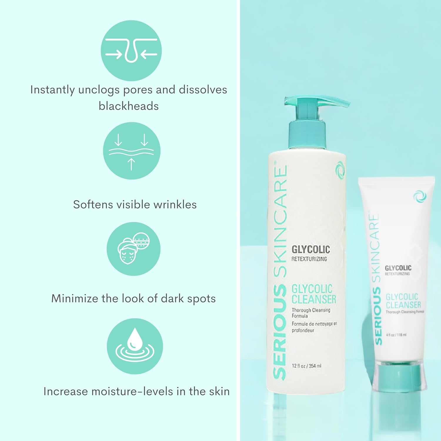 Serious Skincare Glycolic Cleanser - Glycolic Acid Skin Exfoliating Face Wash - 10% Glycolic Acid - Deep Pore Purifying - Removes Makeup, Oil, and Impurities - Shave Prep - Anti-Aging AHA 12 Oz & 4 Oz-FemmiqueWomen