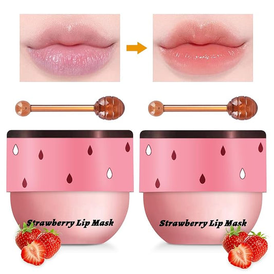 2PCS Lip Mask Overnight, Honey&Strawberry Moisturizing Repair Sleeping Lip Balm, Fade Lip Lines Bee Lip Balm, Hydrating &Prevention Dry and Crack Lip Scrubs Exfoliator (Strawberry & Strawberry)-FemmiqueWomen