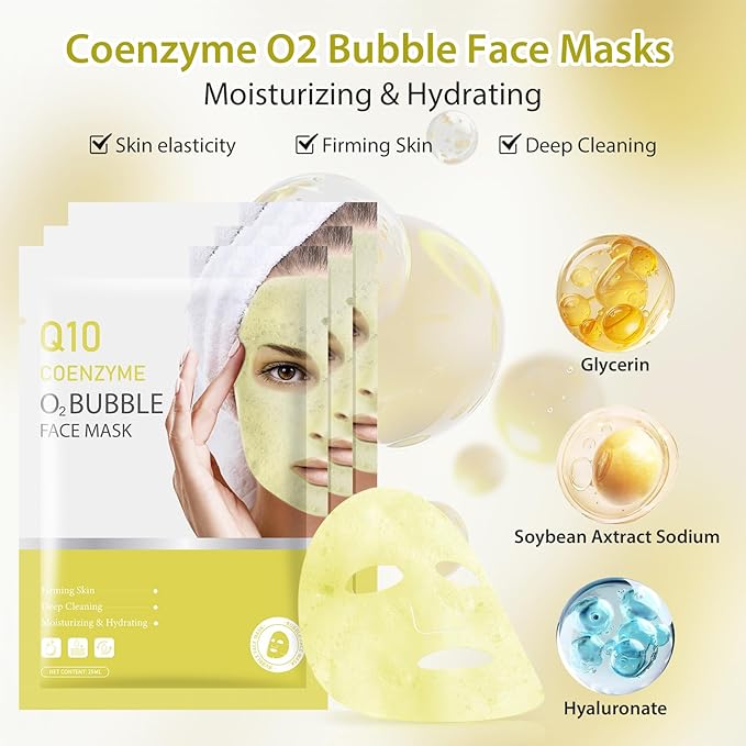 10 Sheets Coenzyme Q10 O2 Bubble Masks for Face, Bubble Face Mask Skincare for All Skin Types, Deep Cleansing Moisturizing Facial Mask Skin Care for Pores, Firming, Purifying, Sheet Masks for Spa-FemmiqueWomen