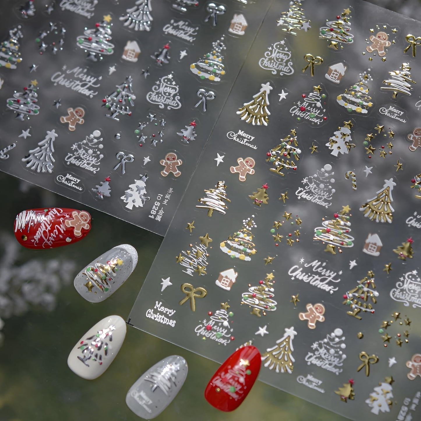 2 Sheets Christmas Nail Art Stickers 5D Embossed Nail Decals Silver Gold Star Bow Gingerbread Man Christmas Tree Nail Stickers Christmas Nail Supplies for Women Girls DIY Manicure Decorations-FemmiqueWomen