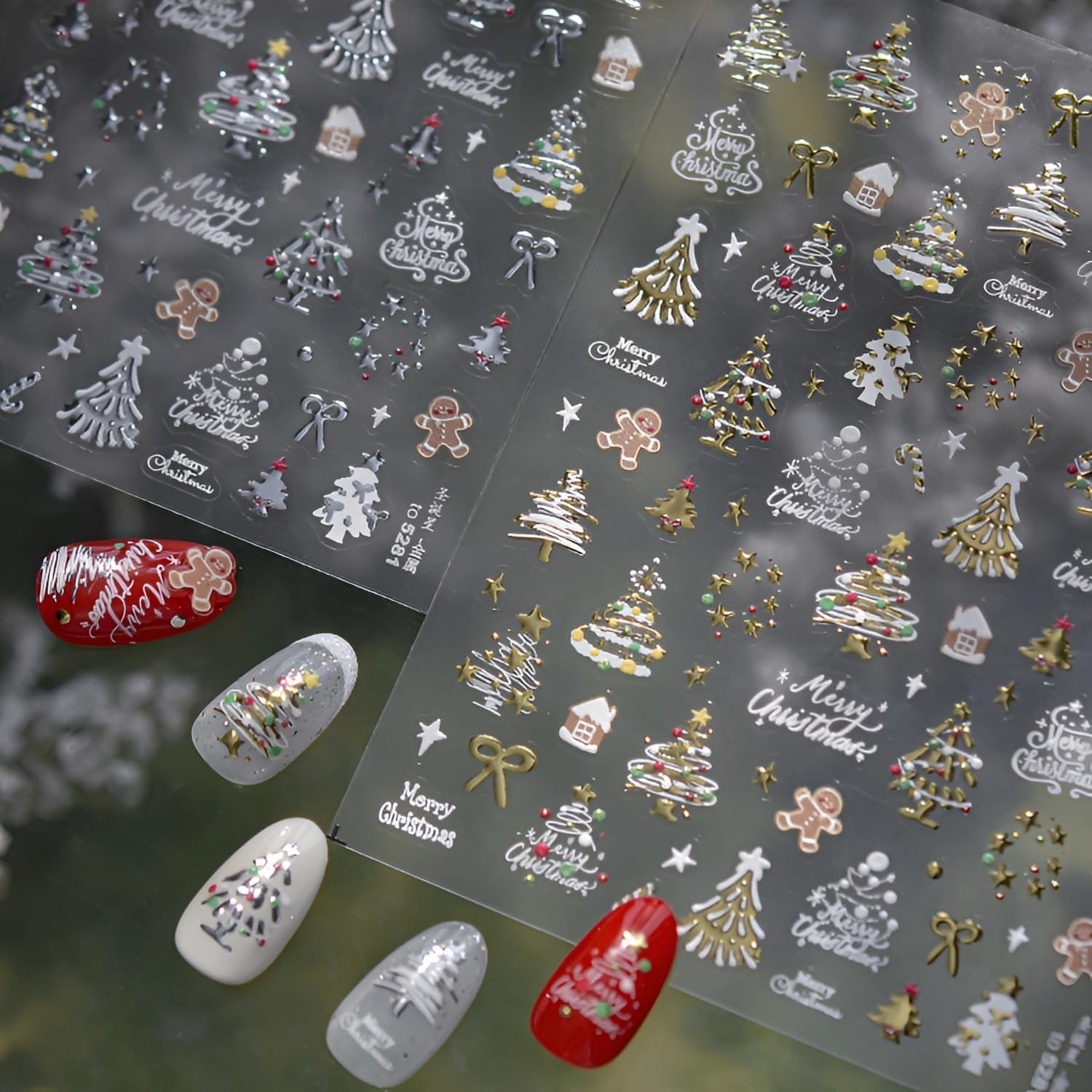 2 Sheets Christmas Nail Art Stickers 5D Embossed Nail Decals Silver Gold Star Bow Gingerbread Man Christmas Tree Nail Stickers Christmas Nail Supplies for Women Girls DIY Manicure Decorations-FemmiqueWomen