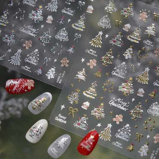 2 Sheets Christmas Nail Art Stickers 5D Embossed Nail Decals Silver Gold Star Bow Gingerbread Man Christmas Tree Nail Stickers Christmas Nail Supplies for Women Girls DIY Manicure Decorations-FemmiqueWomen