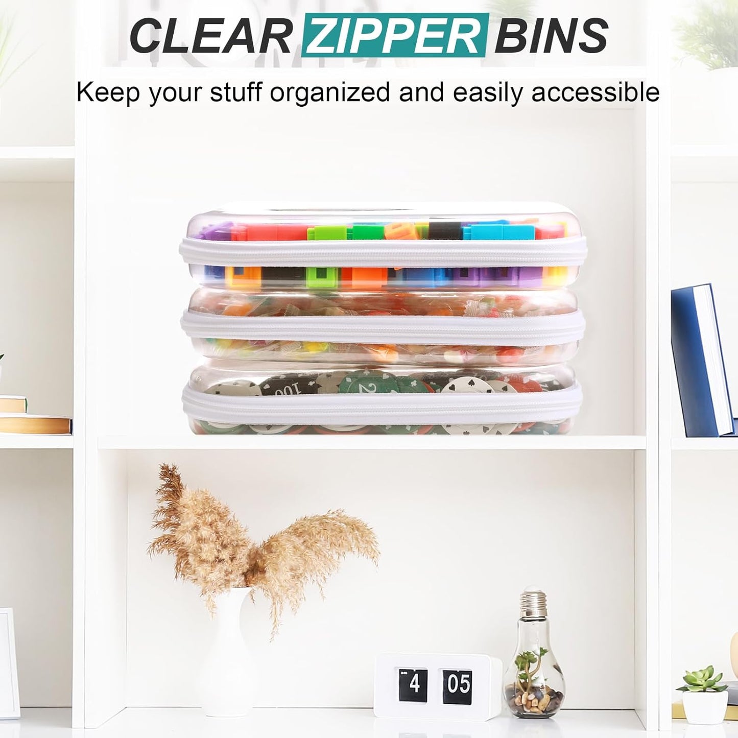 Hoolerry 3 Pcs Clear Hard Zipper Case Plastic Pouch Transparent Hard Case Clear Makeup Bag Portable Travel Organizer Bin for Cosmetics, Building Blocks, Puzzles(White,M)-FemmiqueWomen