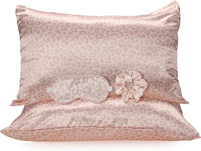 2 Pack Satin Pillowcase with Latent Zipper, Adjustable Satin Eye Mask for Sleeping and Satin Volume Scrunchie for Hair and Skin, Standard Size (Pink, Leopard Style)-FemmiqueWomen