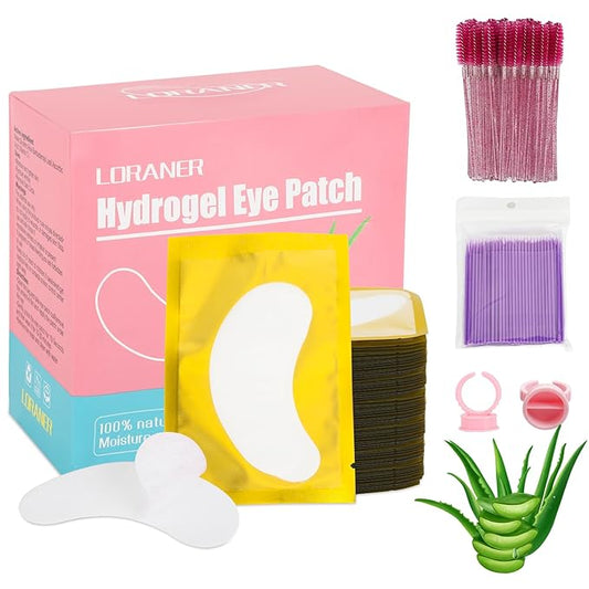 350 PCS Under Eye Gel Pads,Eyelash Mascara Brushes,Holder Eyelash Extension Rings - 100% Naturel Lint Free,Comfy and Cool,Eyelash Extension Eye Pads,Hydro gel Eye Patches Beauty Tool(Gold)-FemmiqueWomen