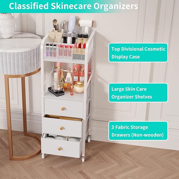 HapiRm Rolling Makeup Cart Organizer - Floor Skincare Make Up Storage with 3 Drawers, Vanity Organizer Cosmetic Display Cases Holder for Skin Care Perfume Nail Polish Brush Hair Tool, White-FemmiqueWomen