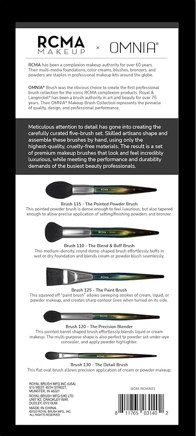 RCMA Makeup x Omnia Professional Makeup Brush 5pc Set, Premium Synthetic Fiber, Iridescent Acrylic Handle, Face Powders, Complexion and Foundation Blending Application Brush set.-FemmiqueWomen