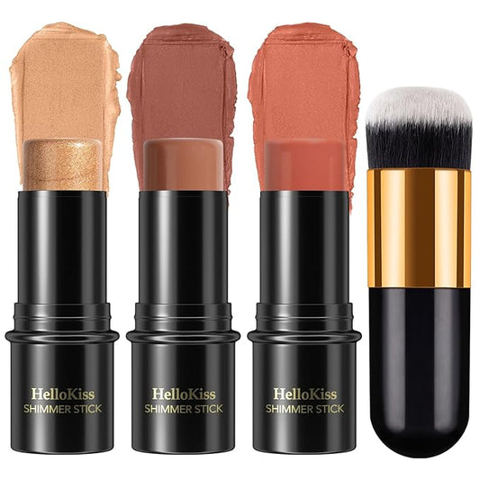 3 Pcs Face Contour Stick Kit, Matte Finish Face Stick Trio with Bronzer Blush Highlighter and Brush, Long Lasting Waterproof Cream Beauty Wand Makeup Set for Sculpt Glowing Face Look (#5, 6, 15)-FemmiqueWomen