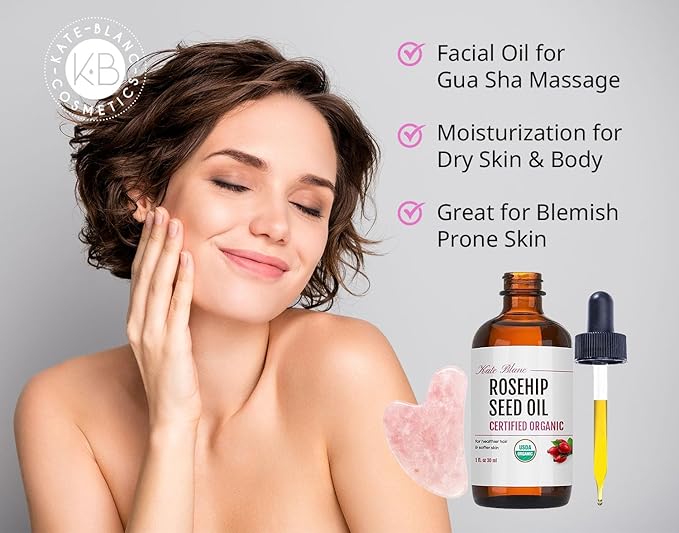 Kate Blanc Cosmetics Rosehip Oil for Face with Pink Gua Sha Stone (1oz, Organic, Pure, Cold Pressed) Rosehip Seed Face Oil for Gua Sha Massage-FemmiqueWomen