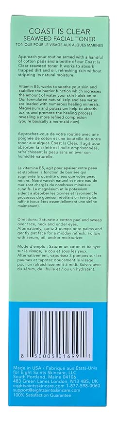 Eight Saints Coast is Clear Seaweed Anti Aging Face Toner, Natural and Organic Alcohol Free Witch Hazel Toner for Face, Minimizes Large Pores and Redness, 6 Ounces-FemmiqueWomen