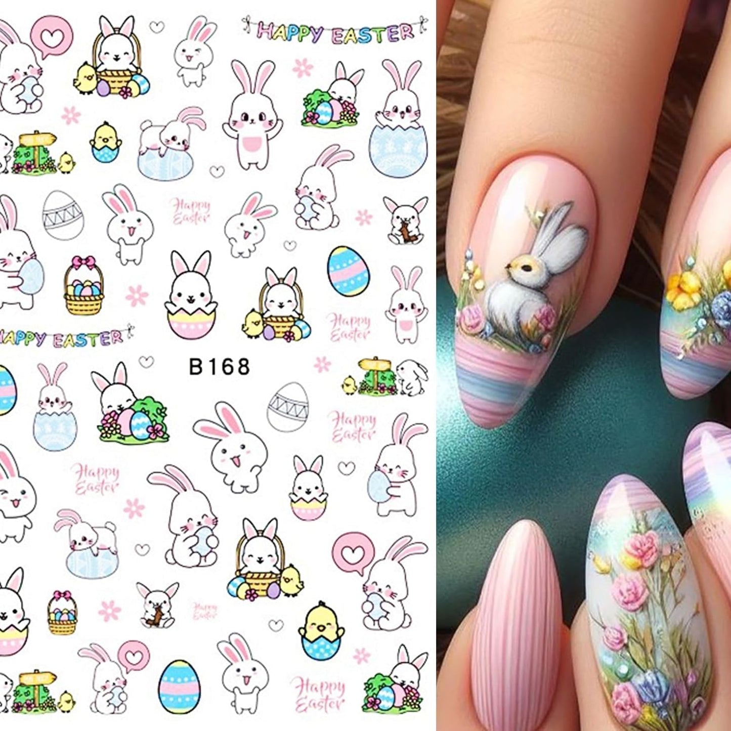12 Sheets Easter Nail Art Stickers 3D Self Adhesive Cute Bunny Nail Stickers for Nail Art Colorful Egg Nail Decals Easter Nail Supplies for Women Girls-FemmiqueWomen