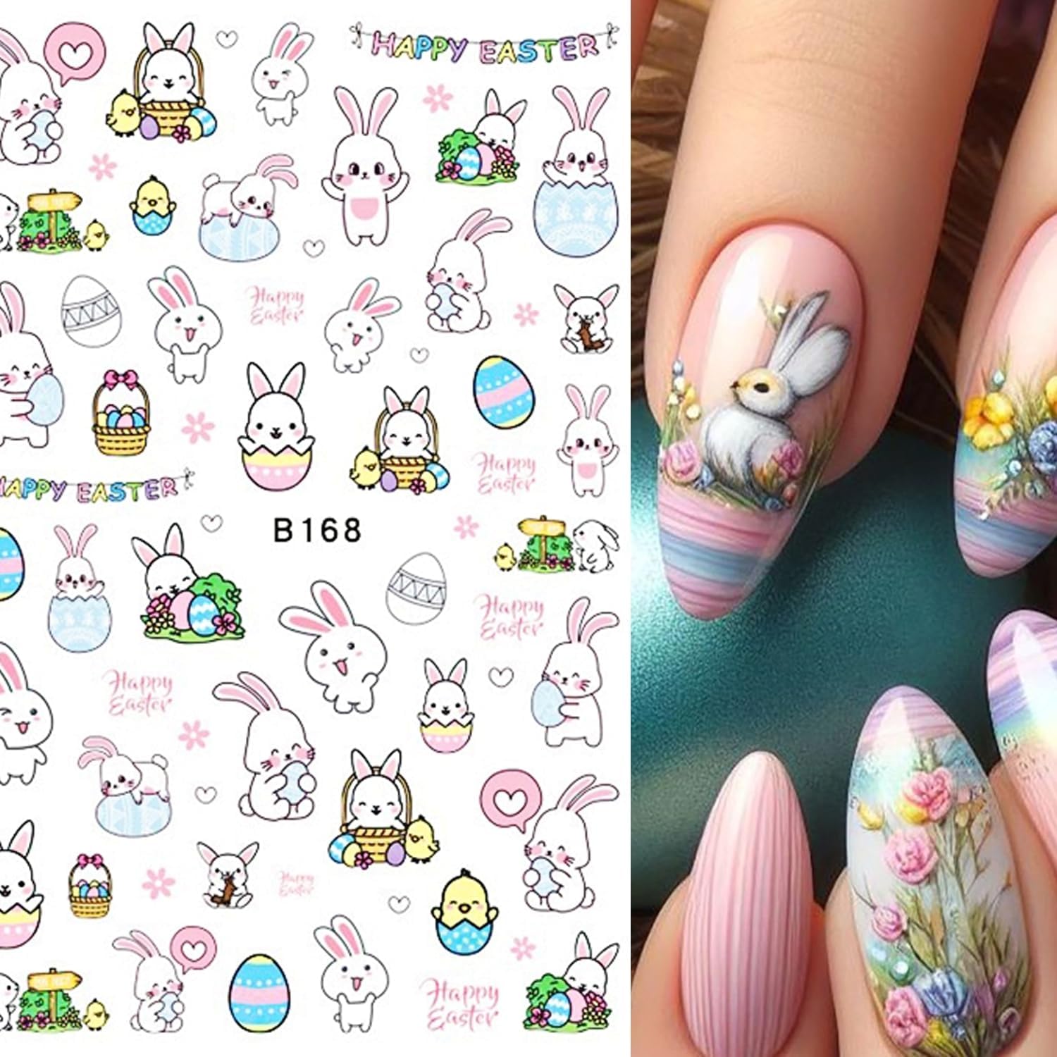 12 Sheets Easter Nail Art Stickers 3D Self Adhesive Cute Bunny Nail Stickers for Nail Art Colorful Egg Nail Decals Easter Nail Supplies for Women Girls-FemmiqueWomen