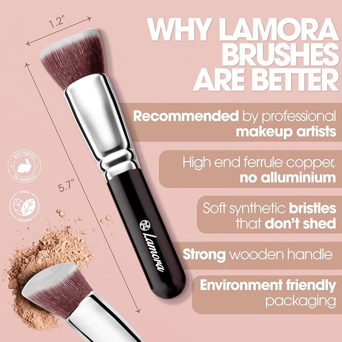 LAMORA Foundation Brush for Liquid Makeup - Kabuki Face Brush for Cream, Powder, Blush, and Concealer - Flat Top Blending, Buffing, Stippling Brush-FemmiqueWomen