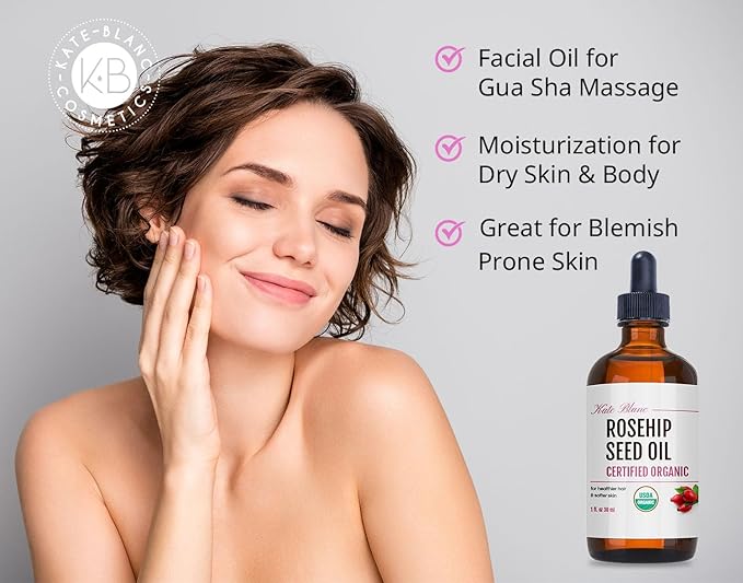 Kate Blanc Cosmetics Rosehip Oil for Face & Softer Glowing Skin (1oz, Organic, Pure, Cold Pressed) Rosehip Seed Face Oil for Facial & Gua Sha Massage-FemmiqueWomen