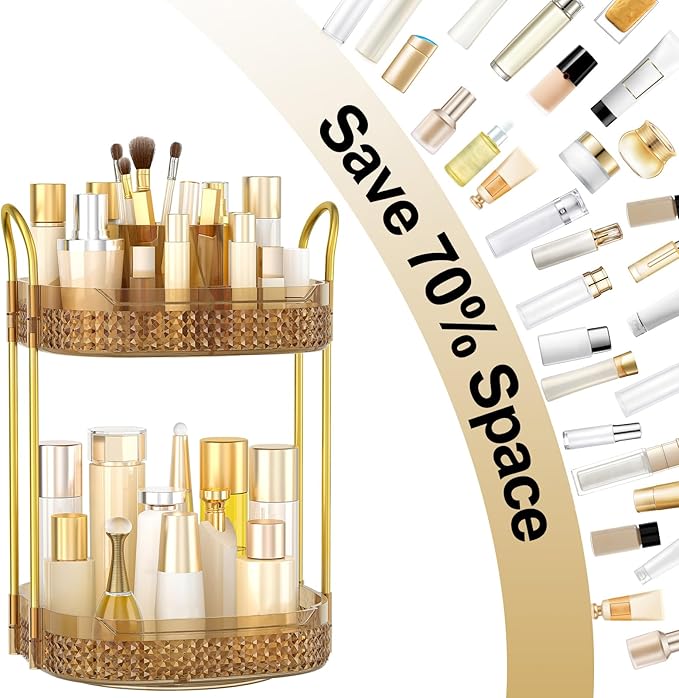 360° Rotating Makeup Organizer 2 Tier, Large Skincare Clear Make Up Storage Spinning Perfume Organizers for Bathroom Counter Dresser, Pink-FemmiqueWomen