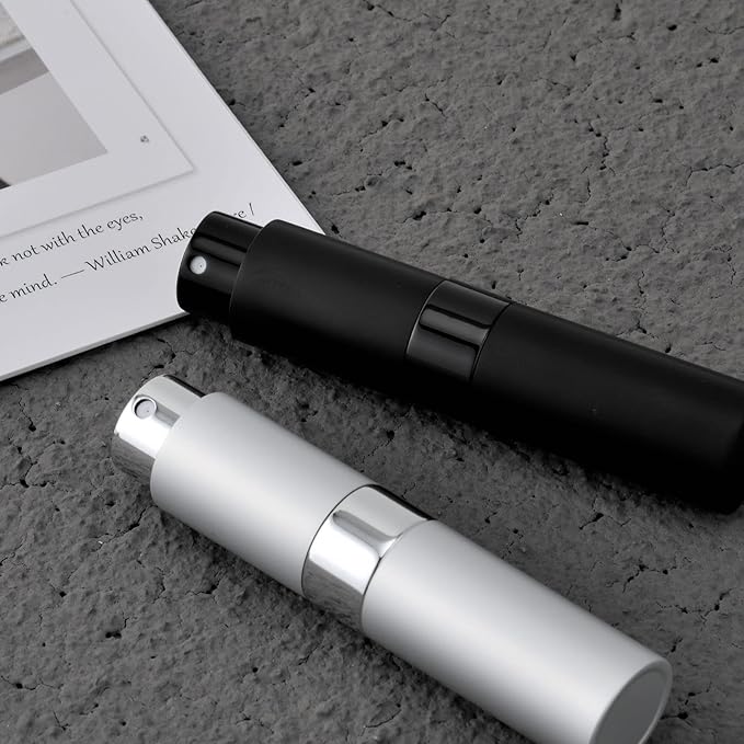 2 PCS/8ml Portable Mini Perfume Atomizer bottles, Empty Refillable Spray Bottle with 3 Types of Refill Tools, Pocket Travel Perfume Sample Bottles(Matte Black&Silver)-FemmiqueWomen