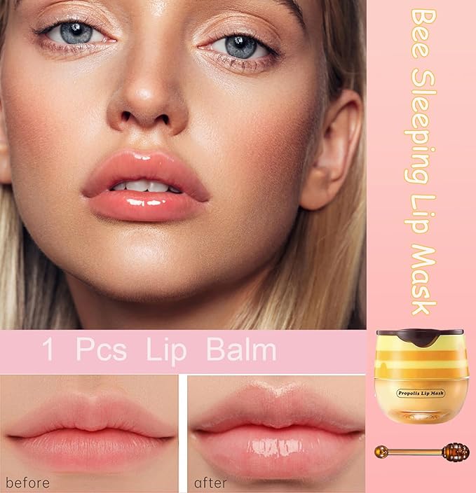 1 PCS Bee Lip Balm Honey Pot, Exfoliating Honey Bee Lip Balm Sleeping Lip Mask Overnight with Sticks, Honey Pot Lip Balm Prevention Dry Hydrating and Crack Lip Scrubs-FemmiqueWomen