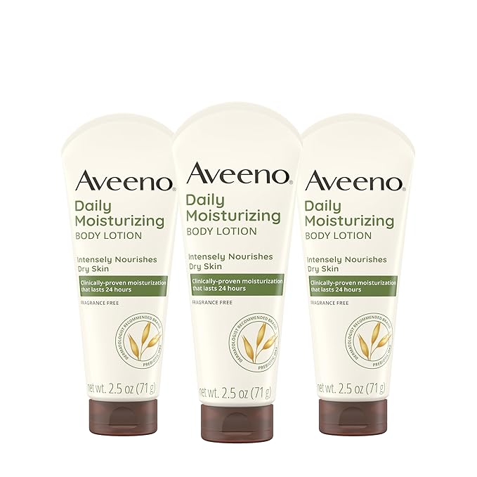 Aveeno Daily Moisturizing Body Lotion, Gentle Lotion Nourishes Dry Skin With Moisture, Soothing Prebiotic Oat, Fragrance-Free, Non-Comedogenic, Travel-Size, Pack of Three, 3 x 2.5 fl. Oz-FemmiqueWomen