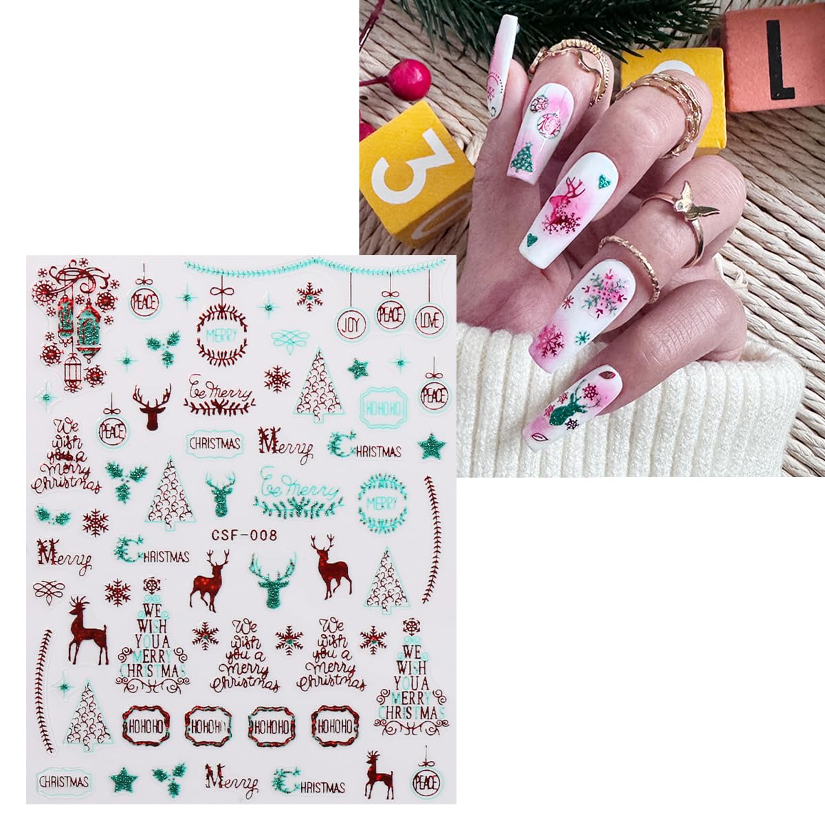 JMEOWIO 9 Sheets Christmas Glitter Nail Art Stickers Decals Self-Adhesive Green Red Snowflake Winter Holiday Nail Supplies Nail Art Design Decoration Accessories-FemmiqueWomen