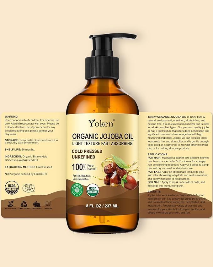 Yoken Organic Jojoba Oil Glass Bottle 8 fl oz, USDA Certified 100% Pure & Natural Jojoba Oil for Hair, Skin & Face, Cold Pressed Unrefined Hexane Free, Deeply Moisturizing Body Serum Oils for Gua Sha-FemmiqueWomen