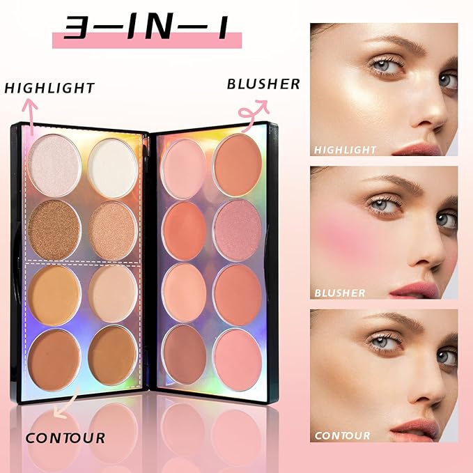 16 Colors Blush Contour Highlighter Makeup Palette, All-in-One Shimmer Silky Matte Mineral Blush Powder Palette, Face Sculpting Bronzer Blusher Illuminator Palette for a Natural Glowing-FemmiqueWomen