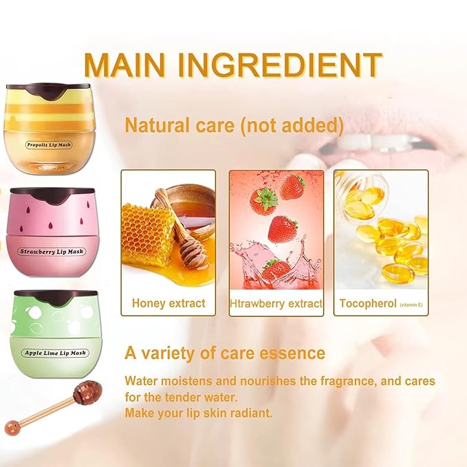 3 PCS Bee Lip Mask Lip Balm Honey Pot, Strawberry & Honey Lip Sleeping Mask Hydrating Prevention Dry and Cracked Lip Scrubs Exfoliator,Lip Mask Overnight Reduces Lip Lines-FemmiqueWomen
