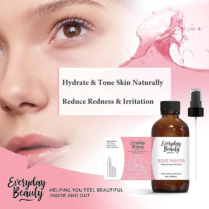Rose Water Facial Toner - Alcohol-Free Vegan All Natural Refreshing Spray Mist for Face and Hair - Uplifts, Calming & Soothing for All Skin Types 8oz with Fine Mist Cap-FemmiqueWomen