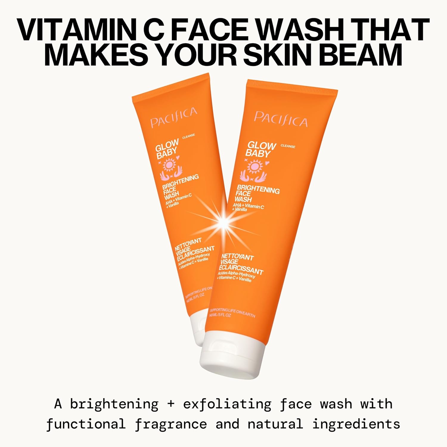 Pacifica Glow Baby Brightening Facial Cleanser 5oz – Vitamin C & Glycolic Acid (AHA) Face Wash for Radiance – Daily Cleanser for Anti-Aging Exfoliating for Smooth, Even Glowing Skin Vegan Clean Beauty-FemmiqueWomen