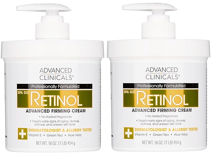 Advanced Clinicals Retinol Cream Face Moisturizer | Crepey Skin Care Treatment | Fragrance Free Body Lotion Targets Look Of Crepe Skin, Wrinkles, & Sagging Skin, 16 Oz (2-Pack)-FemmiqueWomen