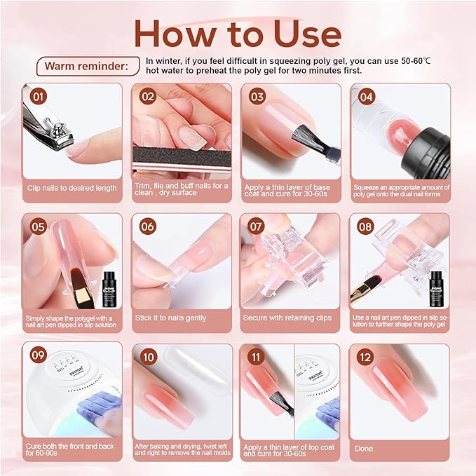 JEWHITENY Poly Extension Gel Kit With 48W LED Nail Lamp 14 Colors Builder Extension Gel All-in-One French Kit Nail Art Design Beginner Kit-FemmiqueWomen