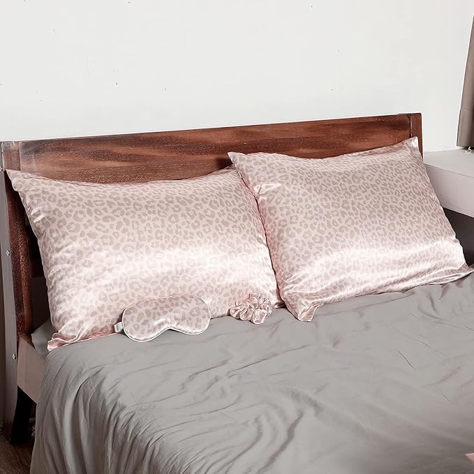 2 Pack Satin Pillowcase with Latent Zipper, Adjustable Satin Eye Mask for Sleeping and Satin Volume Scrunchie for Hair and Skin, Standard Size (Pink, Leopard Style)-FemmiqueWomen